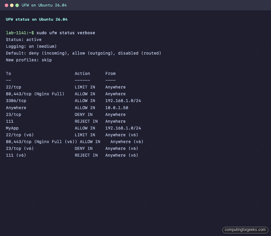 How To Configure UFW Firewall on Ubuntu 26.04 LTS 1 UFW status verbose output on Ubuntu 26.04 LTS showing allow, limit, deny, and reject rules