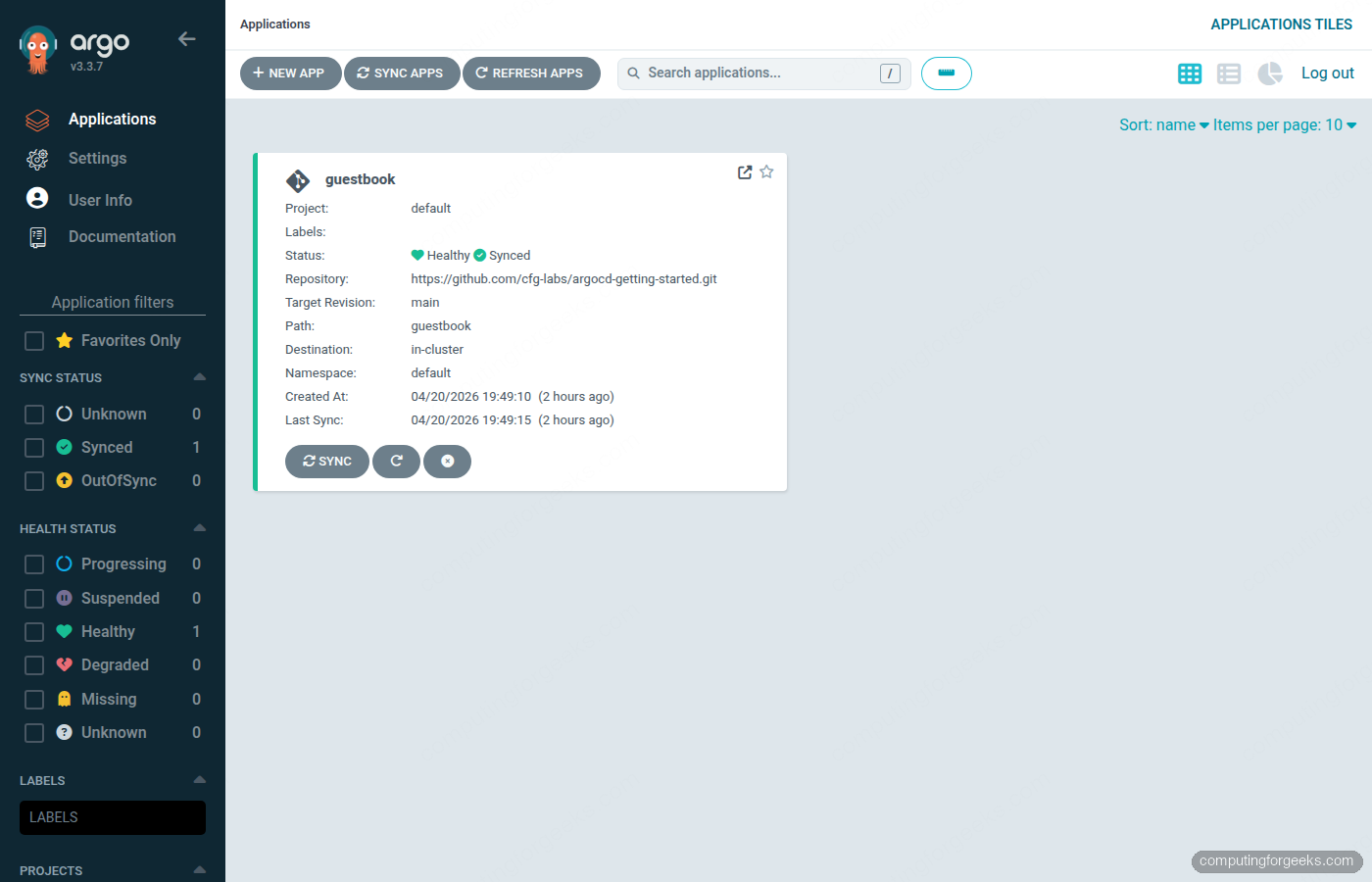ArgoCD Applications dashboard showing guestbook app accessed through NGINX Ingress HTTPS URL