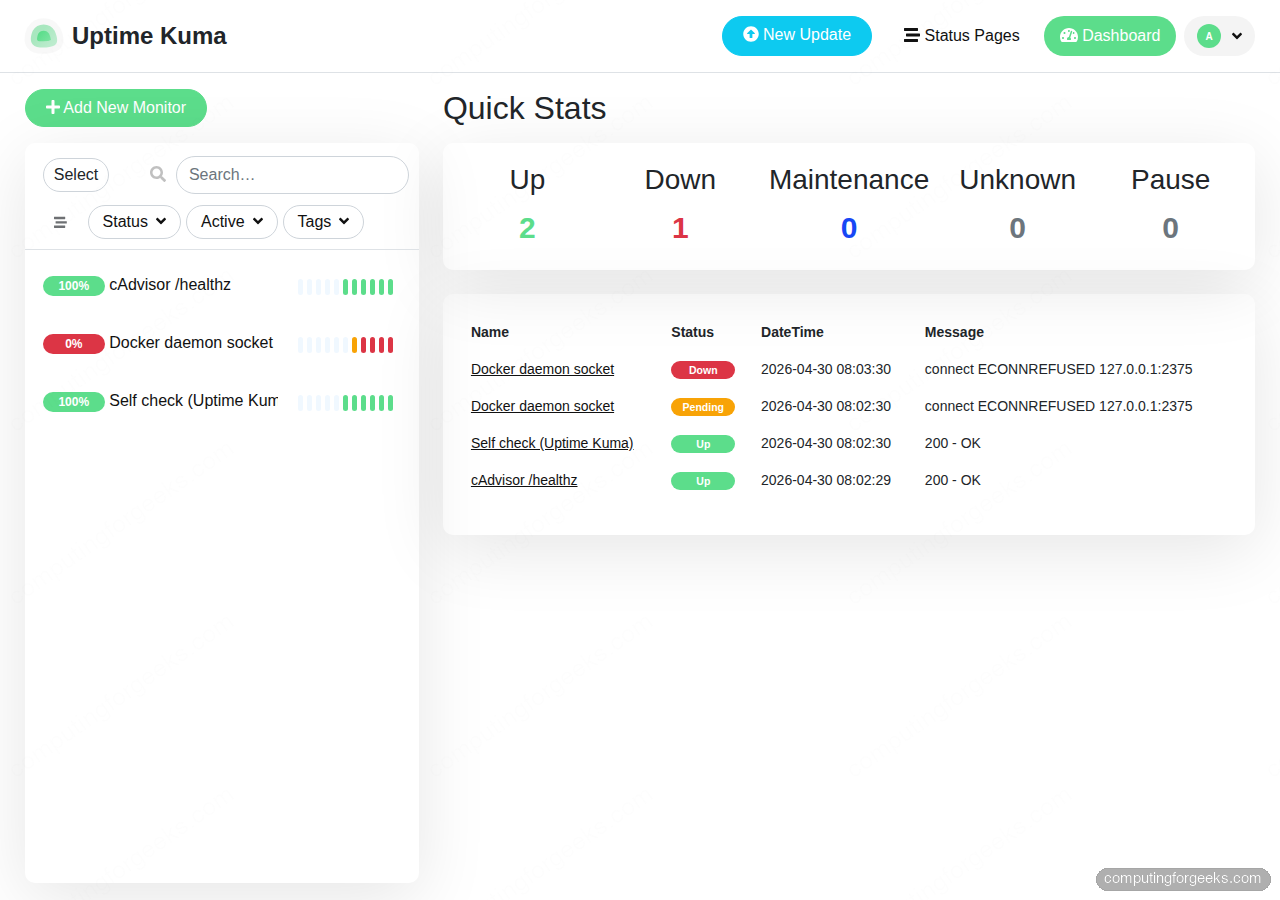 Uptime Kuma dashboard with cAdvisor health monitor up after Ansible compose stack rollout