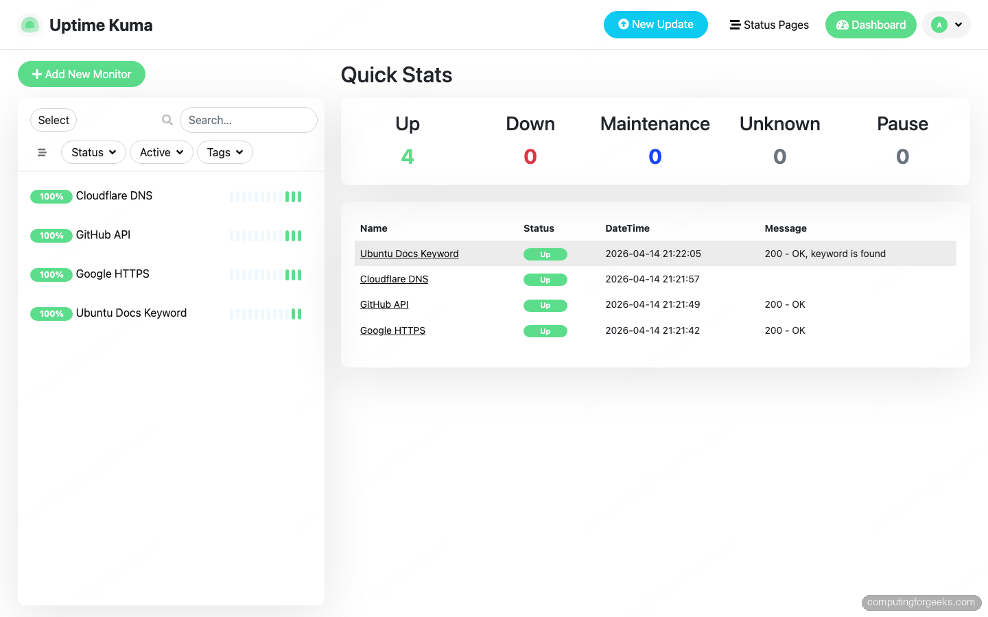 How To Install Uptime Kuma on Ubuntu 26.04 LTS 3 Uptime Kuma dashboard with four live monitors on Ubuntu 26.04