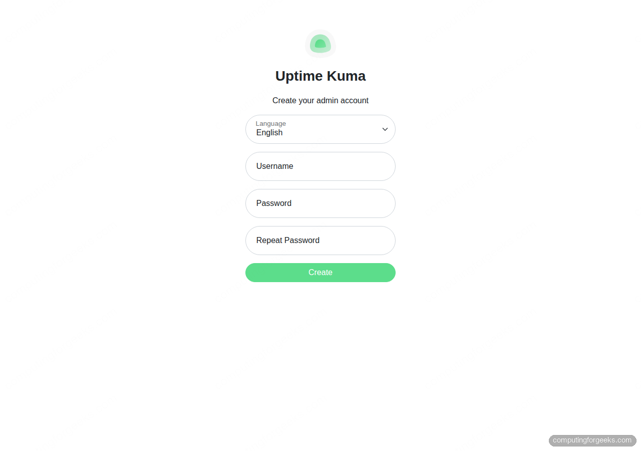Uptime Kuma admin account setup wizard after Ansible deployed the compose stack