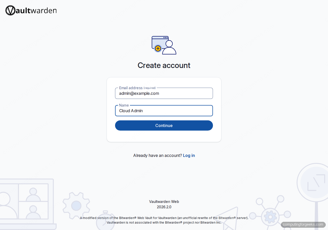 Vaultwarden account creation form with email and display name entered