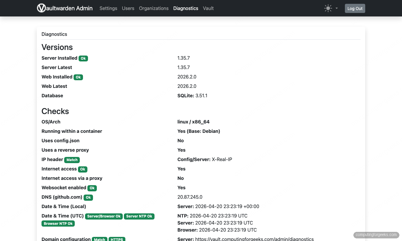 Vaultwarden admin diagnostics page showing versions and checks on Ubuntu 26.04