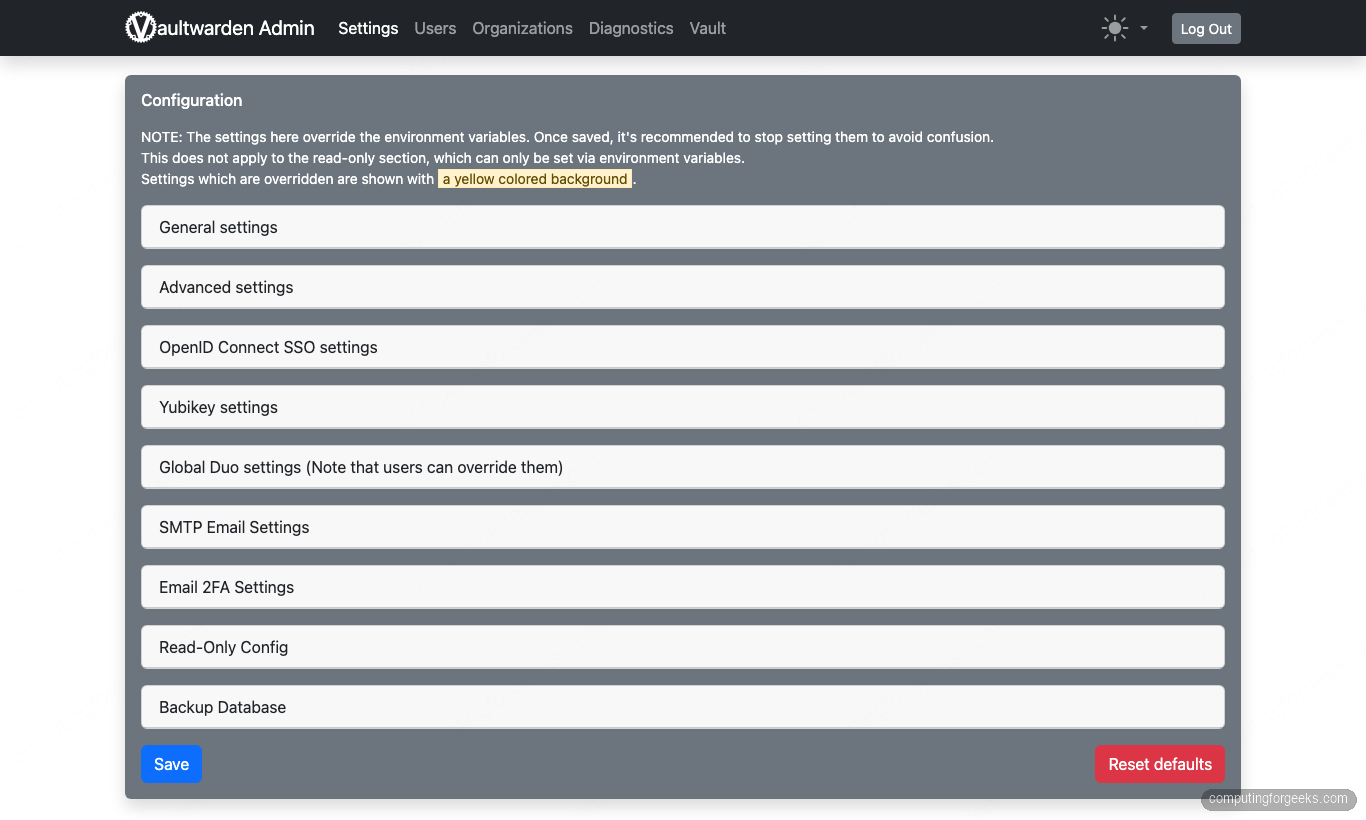 Vaultwarden admin panel settings page on Ubuntu 26.04