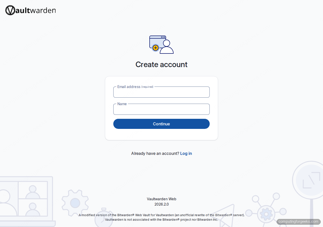 Vaultwarden create account form served over HTTPS on Ubuntu 24.04 LTS