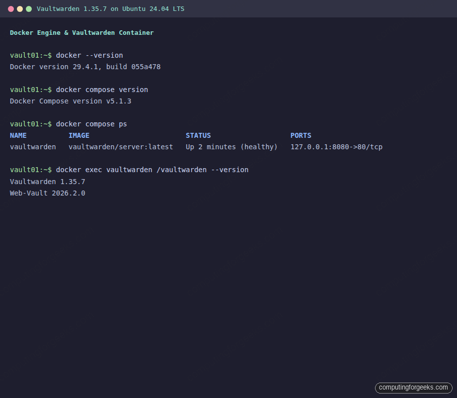 Vaultwarden 1.35.7 container running on Ubuntu 24.04 LTS with Docker Compose status output