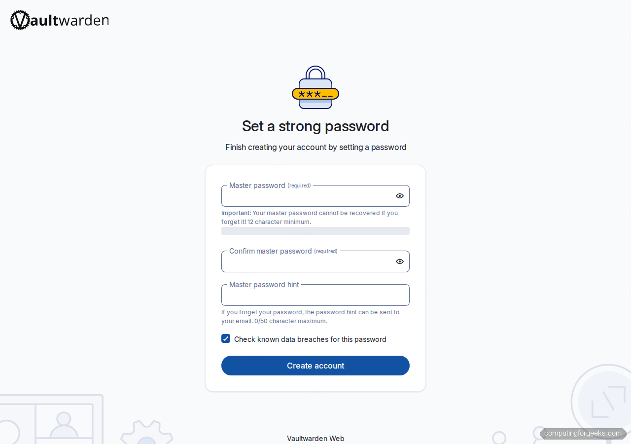 Vaultwarden master password setup screen with strength meter and HIBP breach check option