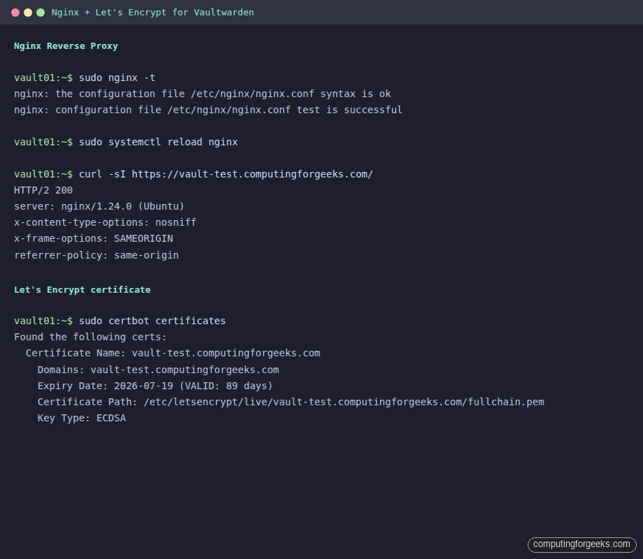 Nginx reverse proxy responding HTTP/2 200 with a valid Let's Encrypt certificate for Vaultwarden