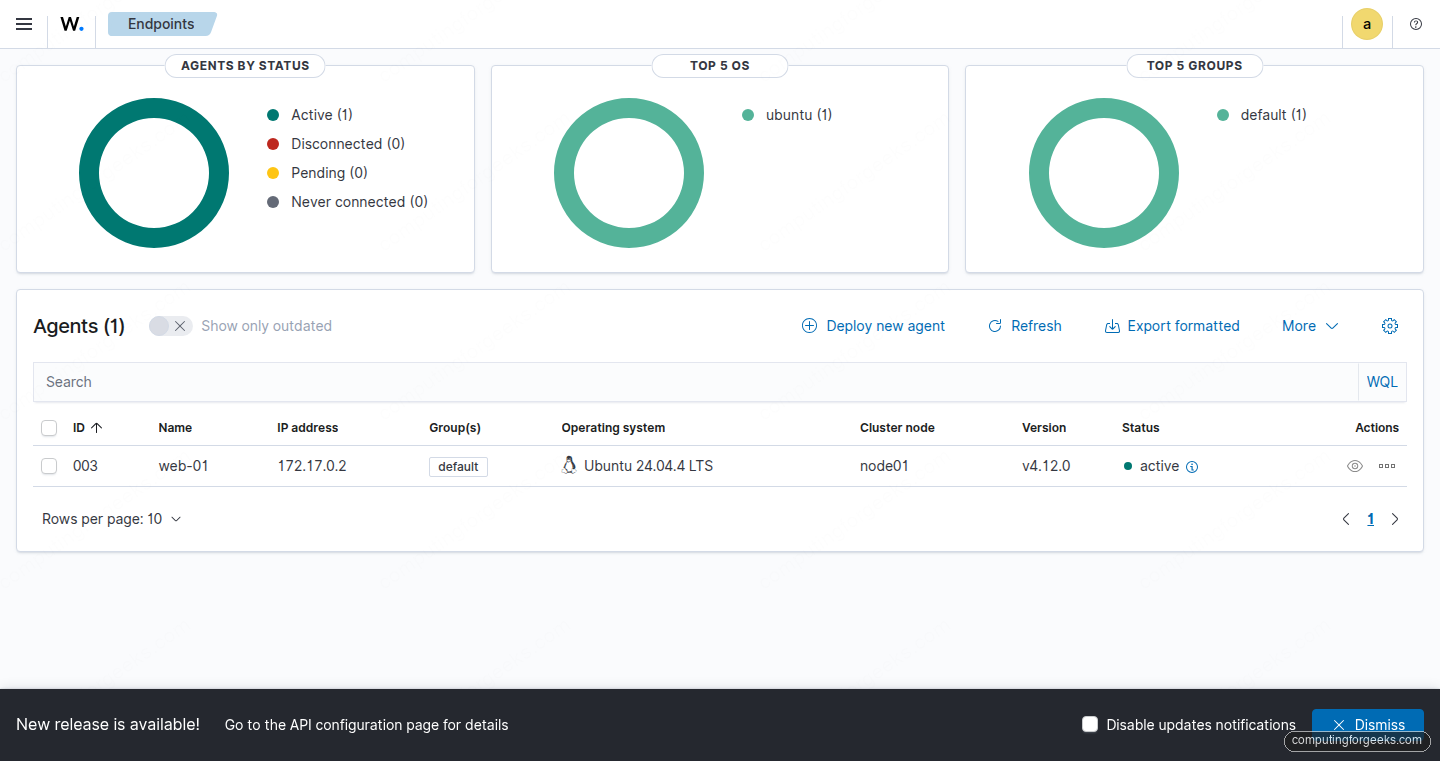 Wazuh agents page on Ubuntu 26.04 showing one active agent web-01 running Ubuntu 24.04