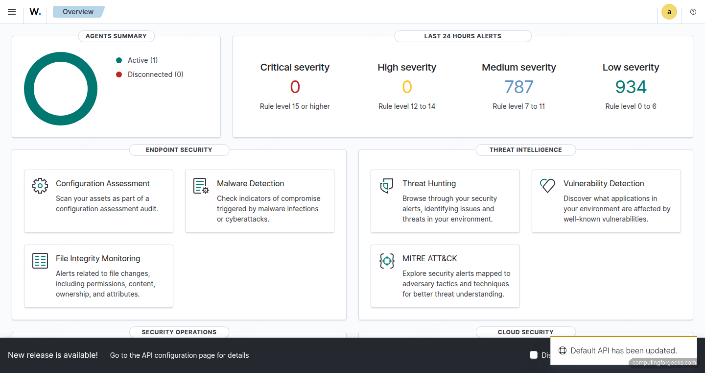 Wazuh dashboard Overview page on Ubuntu 26.04 showing agents summary and alert severity counts