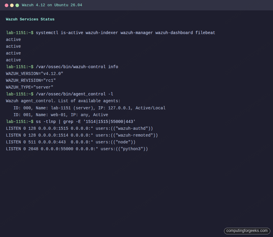 Wazuh services status on Ubuntu 26.04 LTS showing indexer manager dashboard and filebeat all active