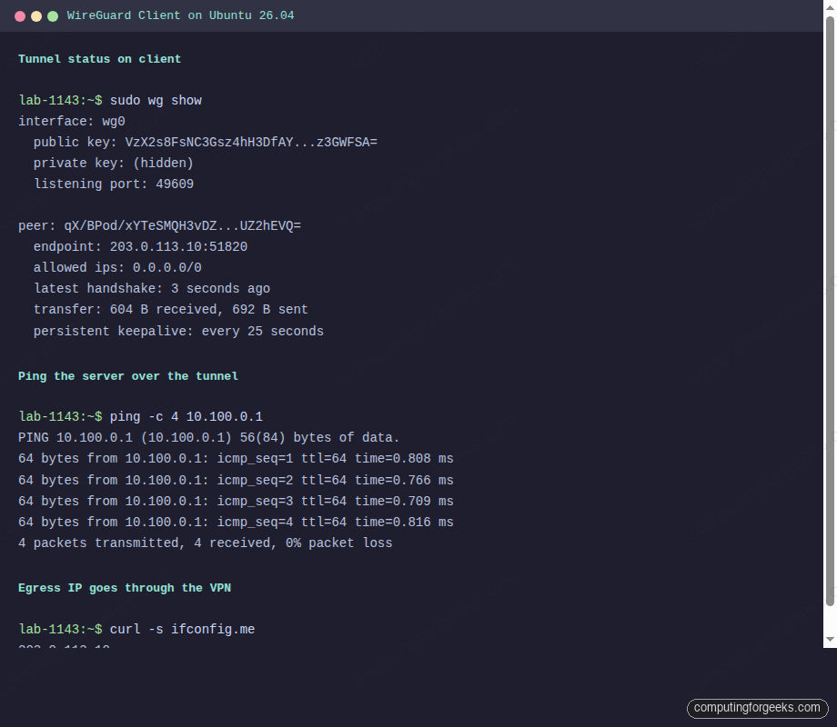 WireGuard client handshake, ping, and curl through VPN on Ubuntu 26.04