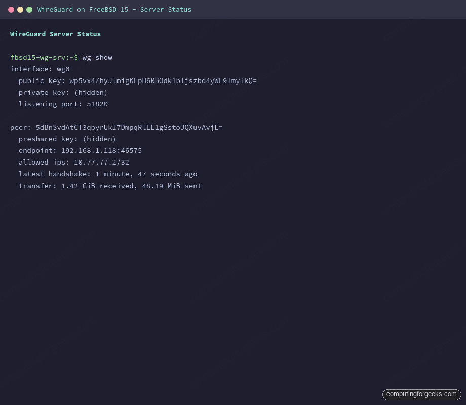 WireGuard wg show interface and peer status on FreeBSD 15 server