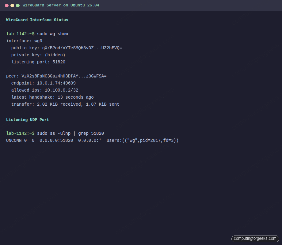 WireGuard server wg show output with active peer handshake on Ubuntu 26.04