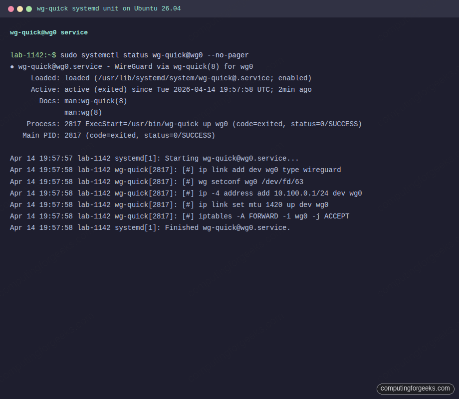 wg-quick@wg0 systemd service active on Ubuntu 26.04