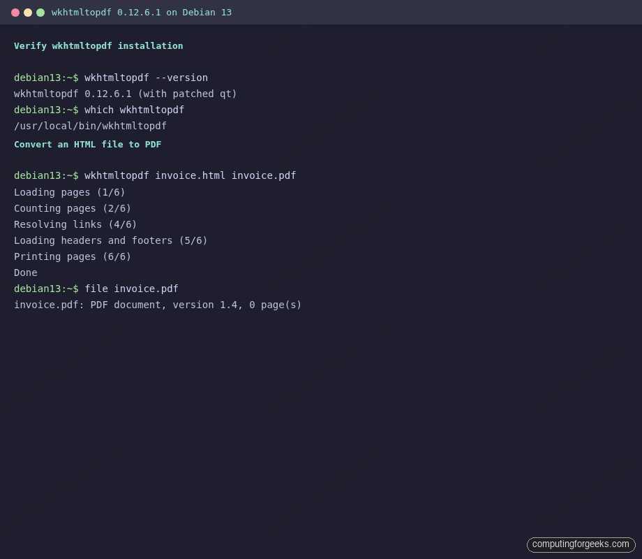 wkhtmltopdf version check and HTML to PDF conversion on Debian 13 terminal