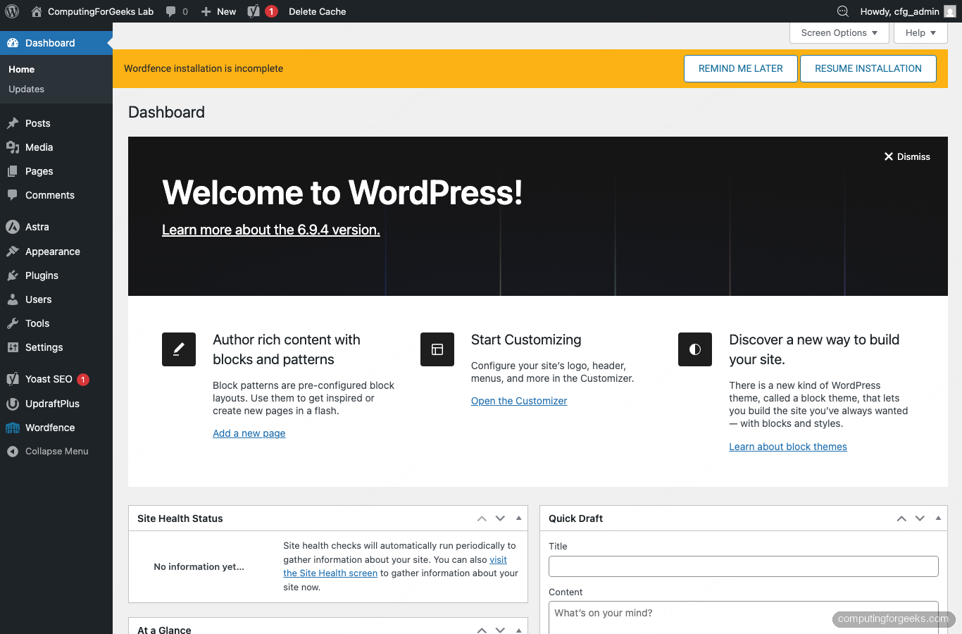 WordPress admin dashboard after a fresh install on Ubuntu 26.04