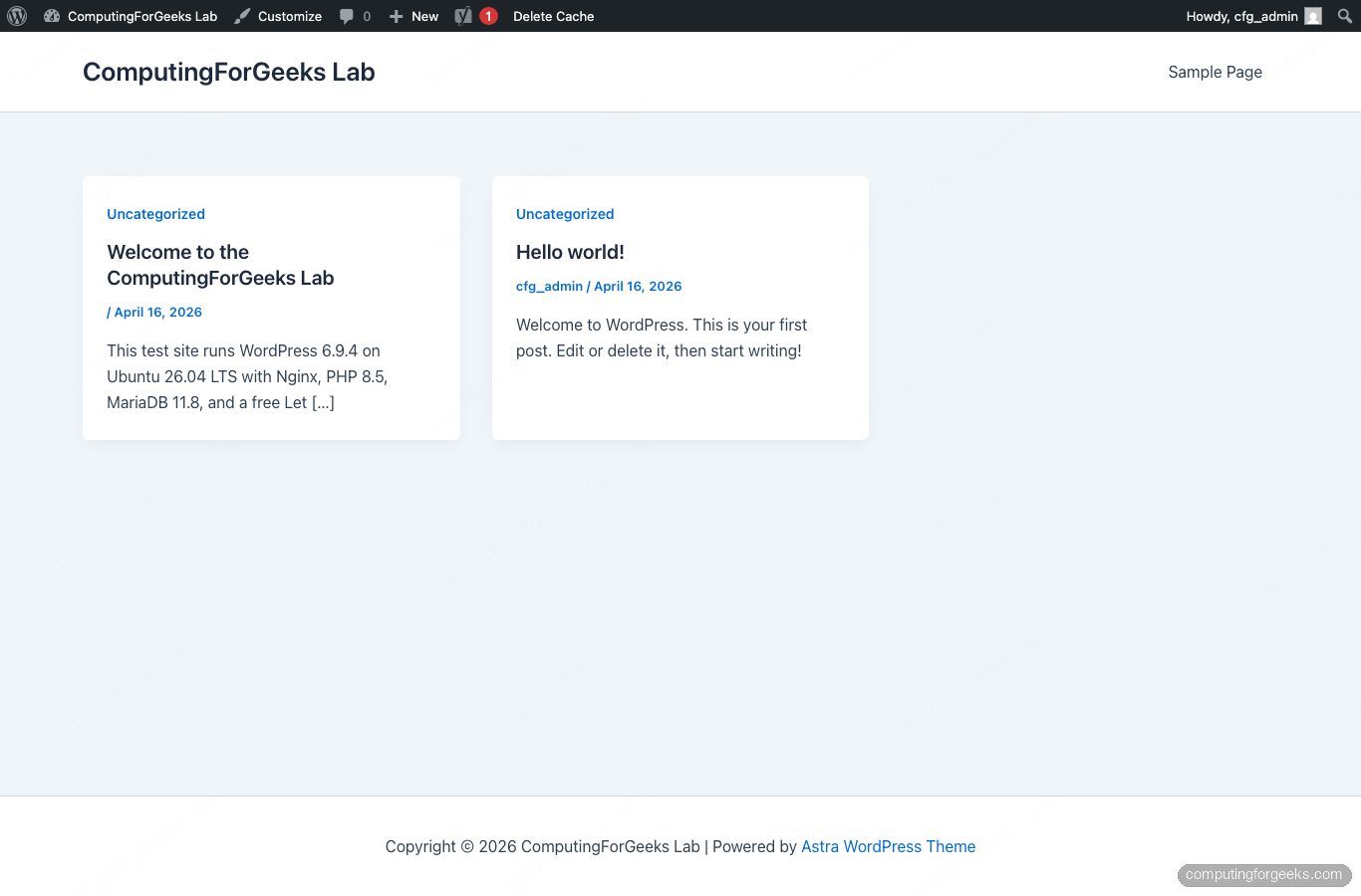 WordPress front page rendered with the Astra theme on Ubuntu 26.04