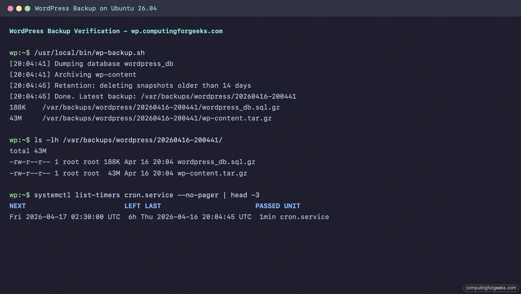 WordPress backup script output showing 188K database dump and 43M wp-content archive