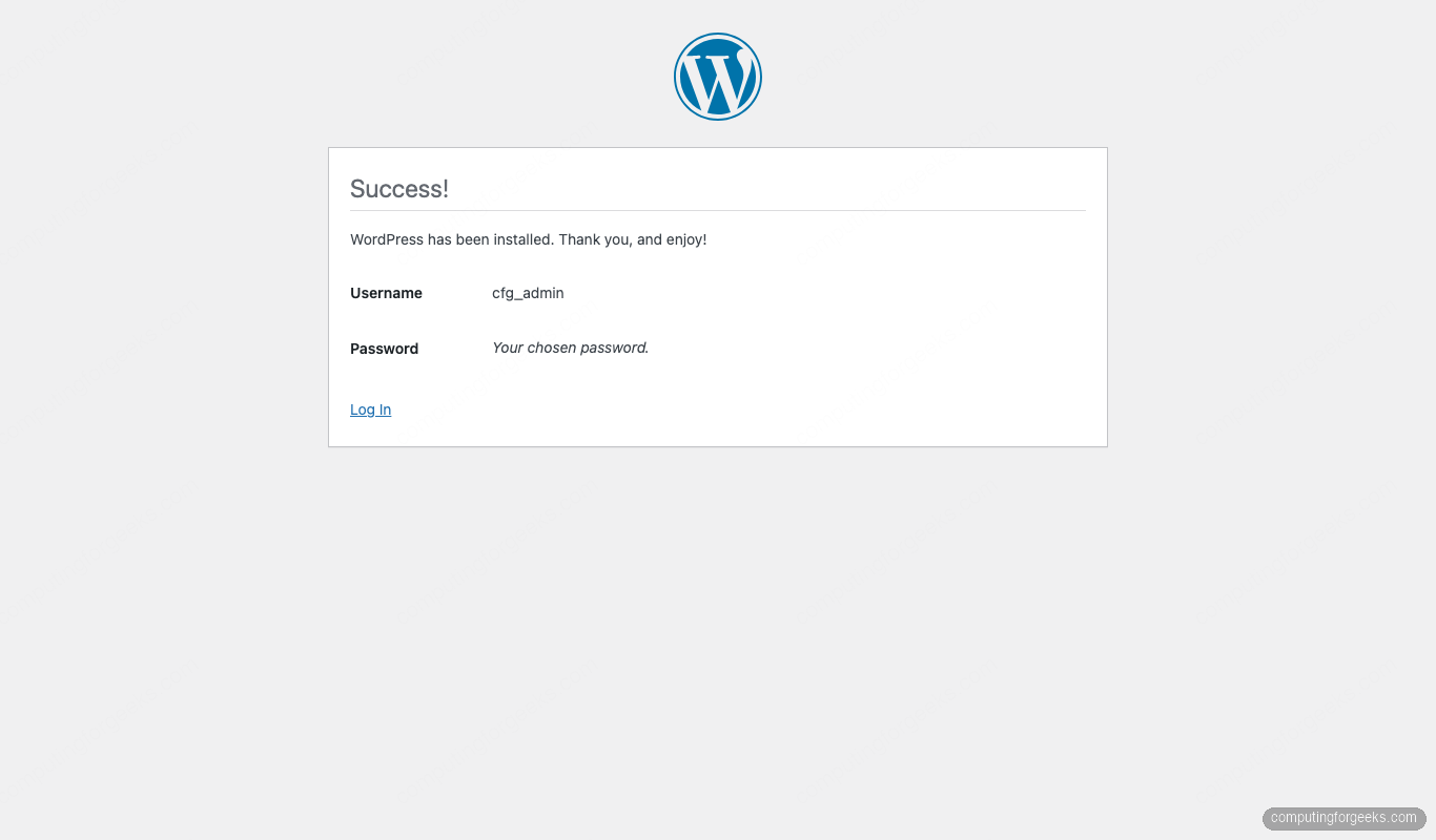 WordPress installer success page confirming the installation completed