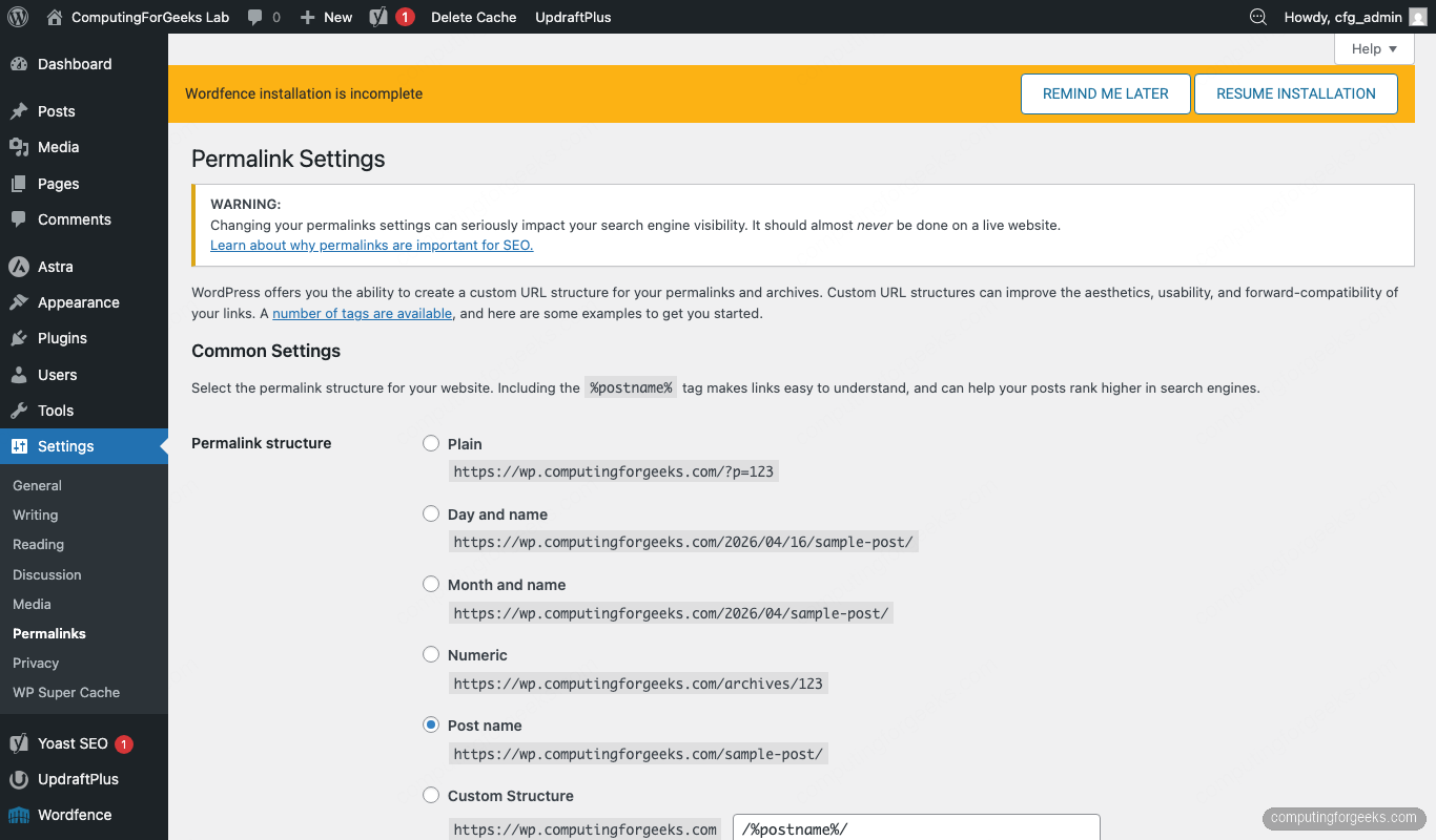 WordPress permalinks settings switched to Post name structure