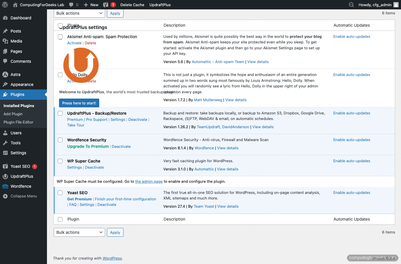 WordPress Plugins page with Akismet, UpdraftPlus, Wordfence, WP Super Cache, and Yoast SEO active