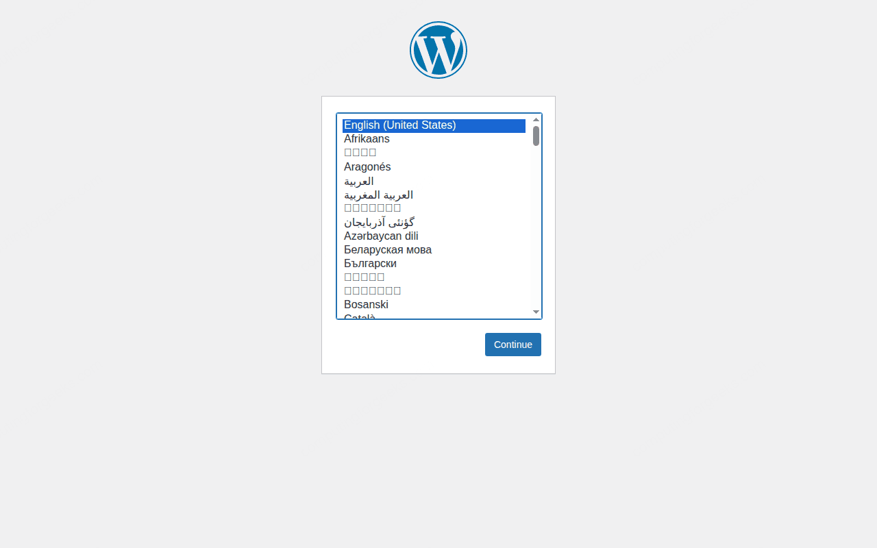 WordPress setup wizard running in Docker on Ubuntu 26.04