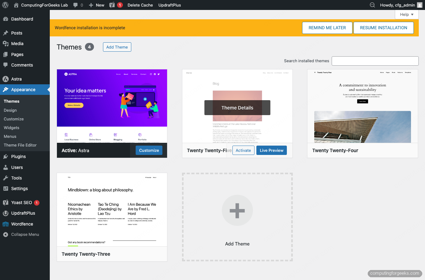 WordPress Appearance Themes page with Astra activated