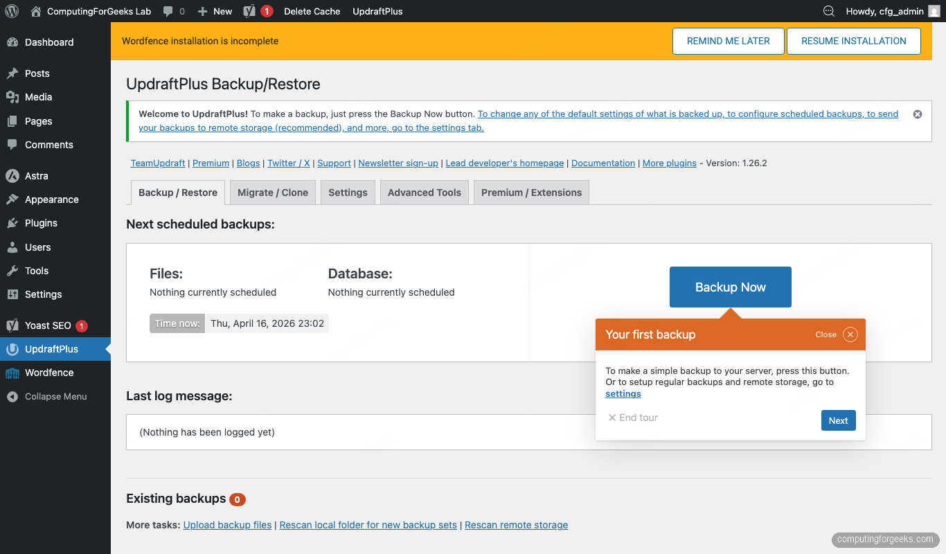 UpdraftPlus backup plugin settings on WordPress admin