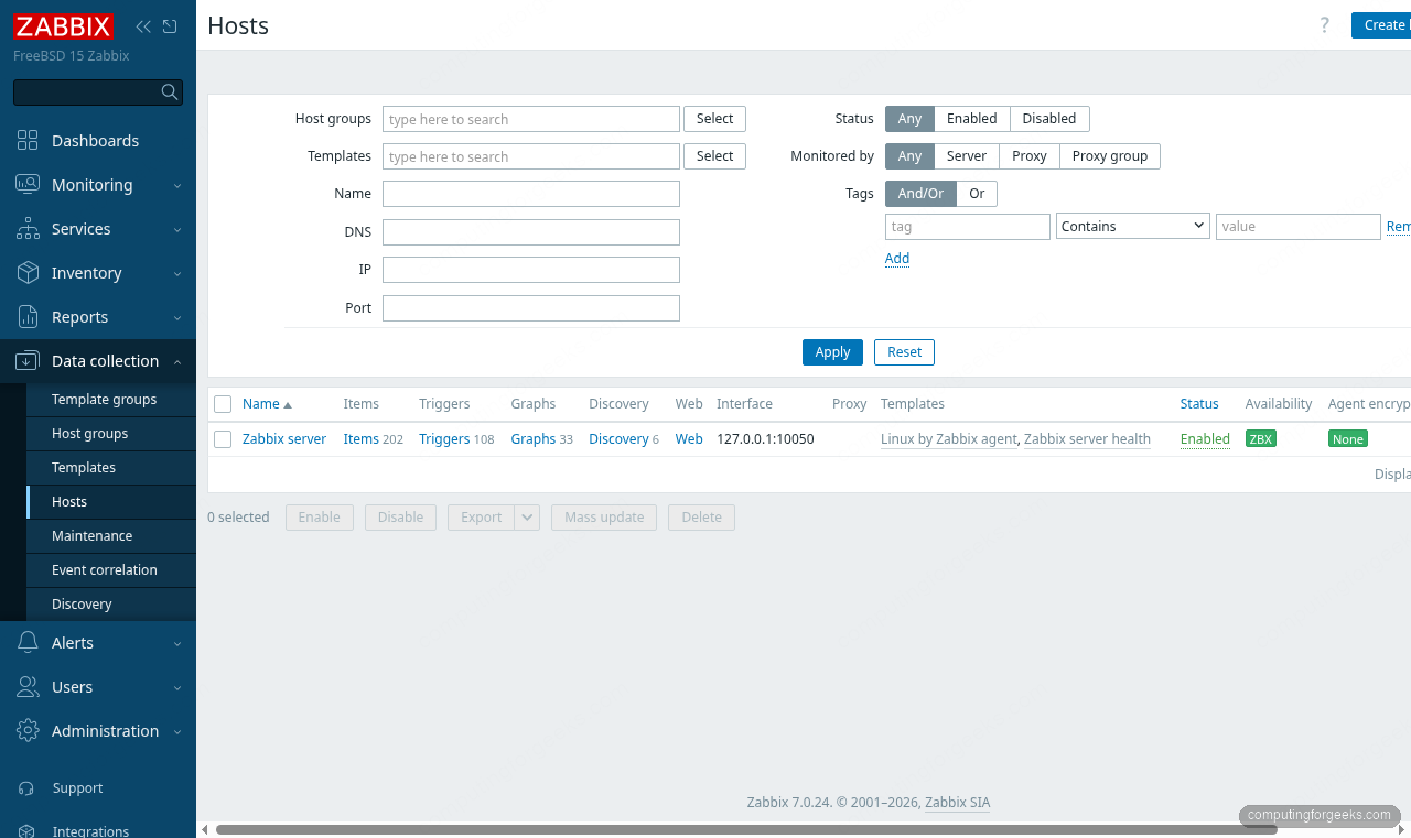 Zabbix 7.0 Hosts list showing FreeBSD 15 host with agent interface