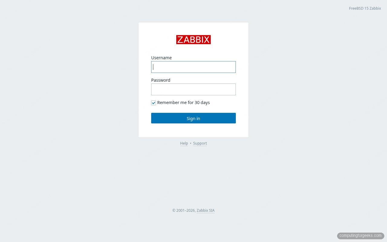 Zabbix 7.0 login page on FreeBSD 15