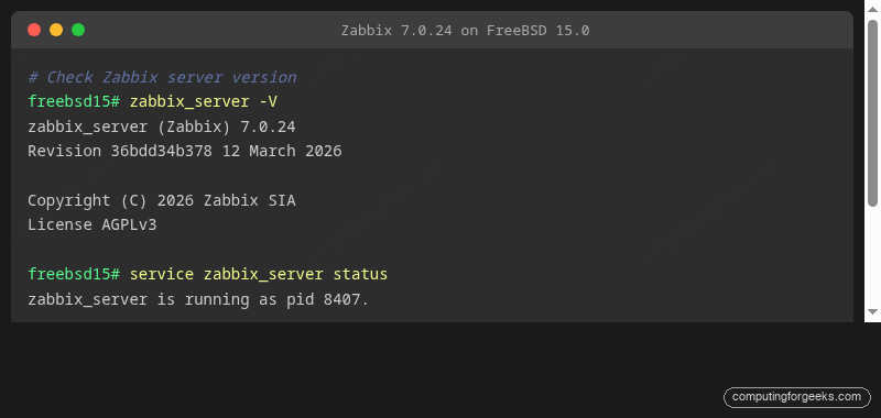 Zabbix 7.0 server version and service status on FreeBSD 15