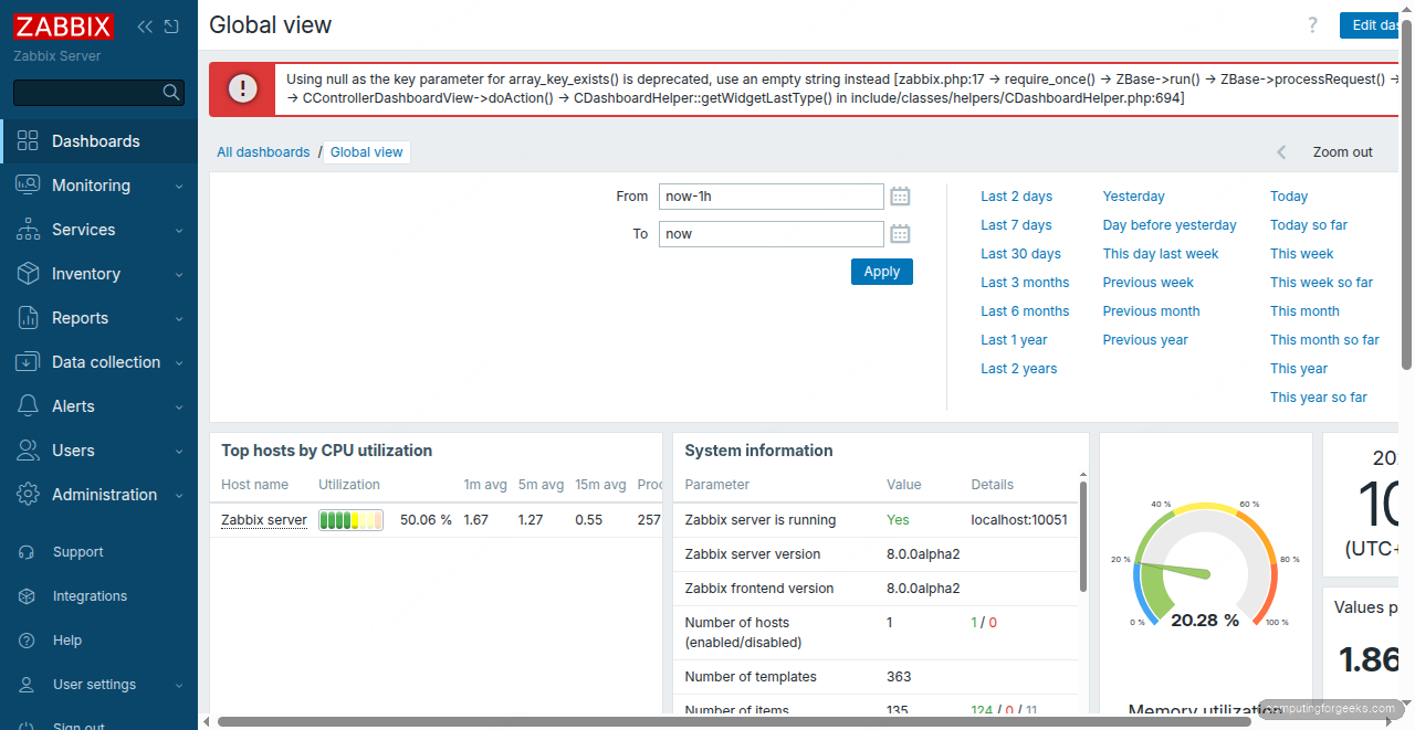 Install Zabbix 8.0 on Ubuntu 26.04 LTS 3 Zabbix 8.0 dashboard global view showing system information on Ubuntu 26.04