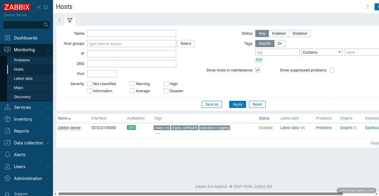 Install Zabbix 8.0 on Ubuntu 26.04 LTS 4 Zabbix 8.0 host monitoring page showing Zabbix server on Ubuntu 26.04