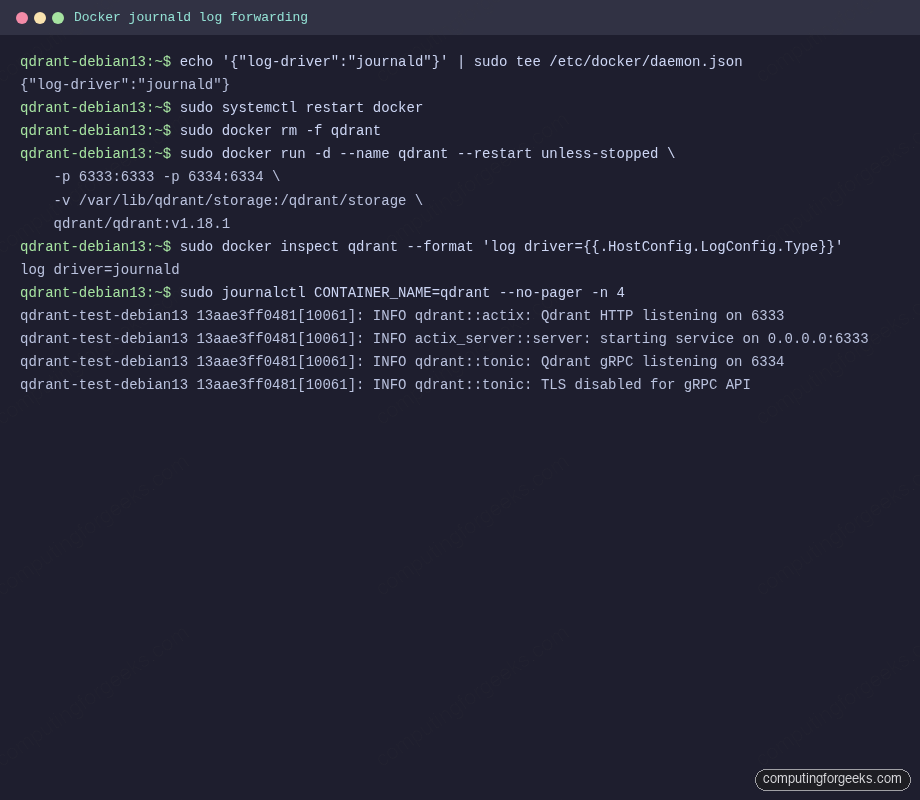 Qdrant container logs flowing into journald on Debian