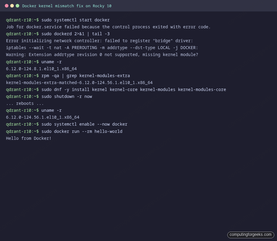Rocky 10 kernel mismatch error and reboot fix