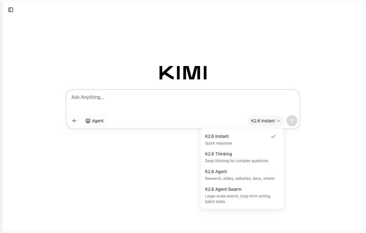 Kimi model picker showing four modes