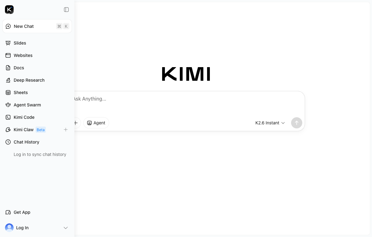 Kimi web app sidebar expanded with all products