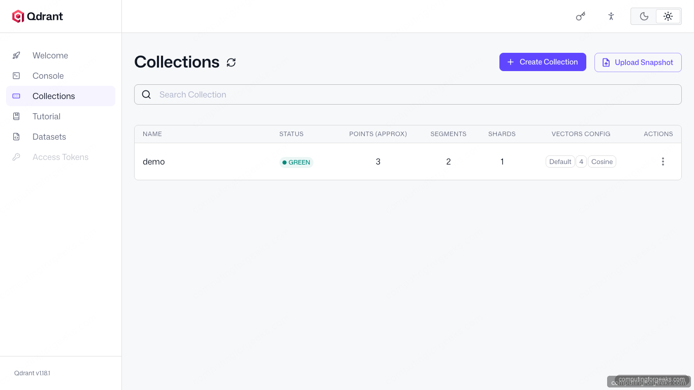 Qdrant Web UI showing demo collection with 3 points and GREEN status