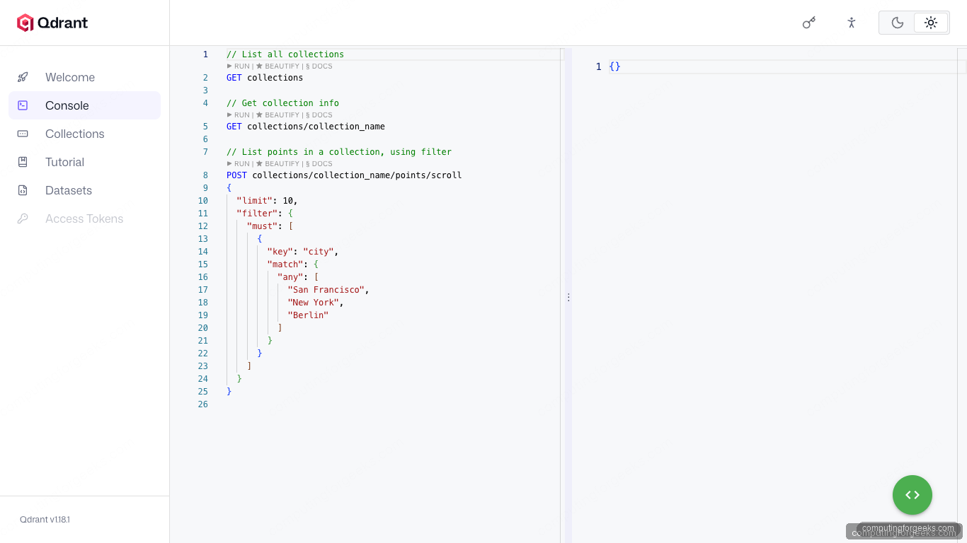 Qdrant Web UI Console panel showing REST API examples