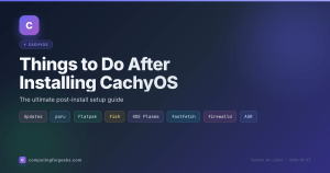 Things to Do After Installing CachyOS post-install setup guide featured image with chips for Updates paru Flatpak fish KDE Plasma fastfetch firewalld AUR
