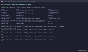Terminal output of docker ps showing four self-hosted file platforms running side by side on Ubuntu 24.04, with curl HTTP checks confirming Cloudreve, Nextcloud, Seafile, FileBrowser, and Immich are reachable