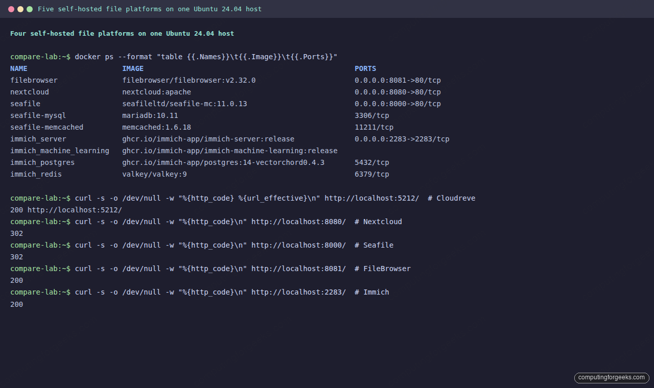 Cloudreve vs Nextcloud vs Seafile vs FileBrowser vs Immich (2026) 1 Terminal output of docker ps showing four self-hosted file platforms running side by side on Ubuntu 24.04, with curl HTTP checks confirming Cloudreve, Nextcloud, Seafile, FileBrowser, and Immich are reachable