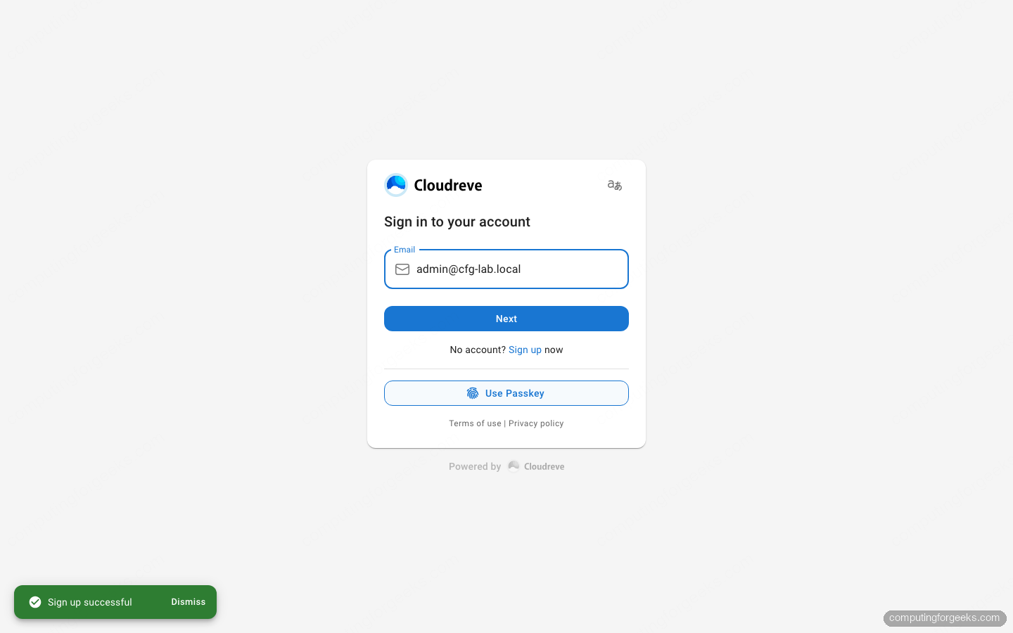 Cloudreve v4 sign in screen after registering the first administrator account, with a Sign up successful toast