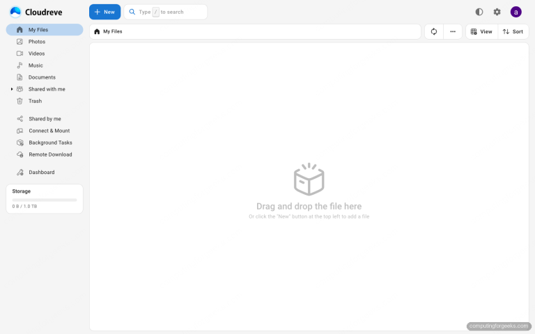 Cloudreve v4 main files dashboard after logging in showing My Files sidebar and drag and drop upload area