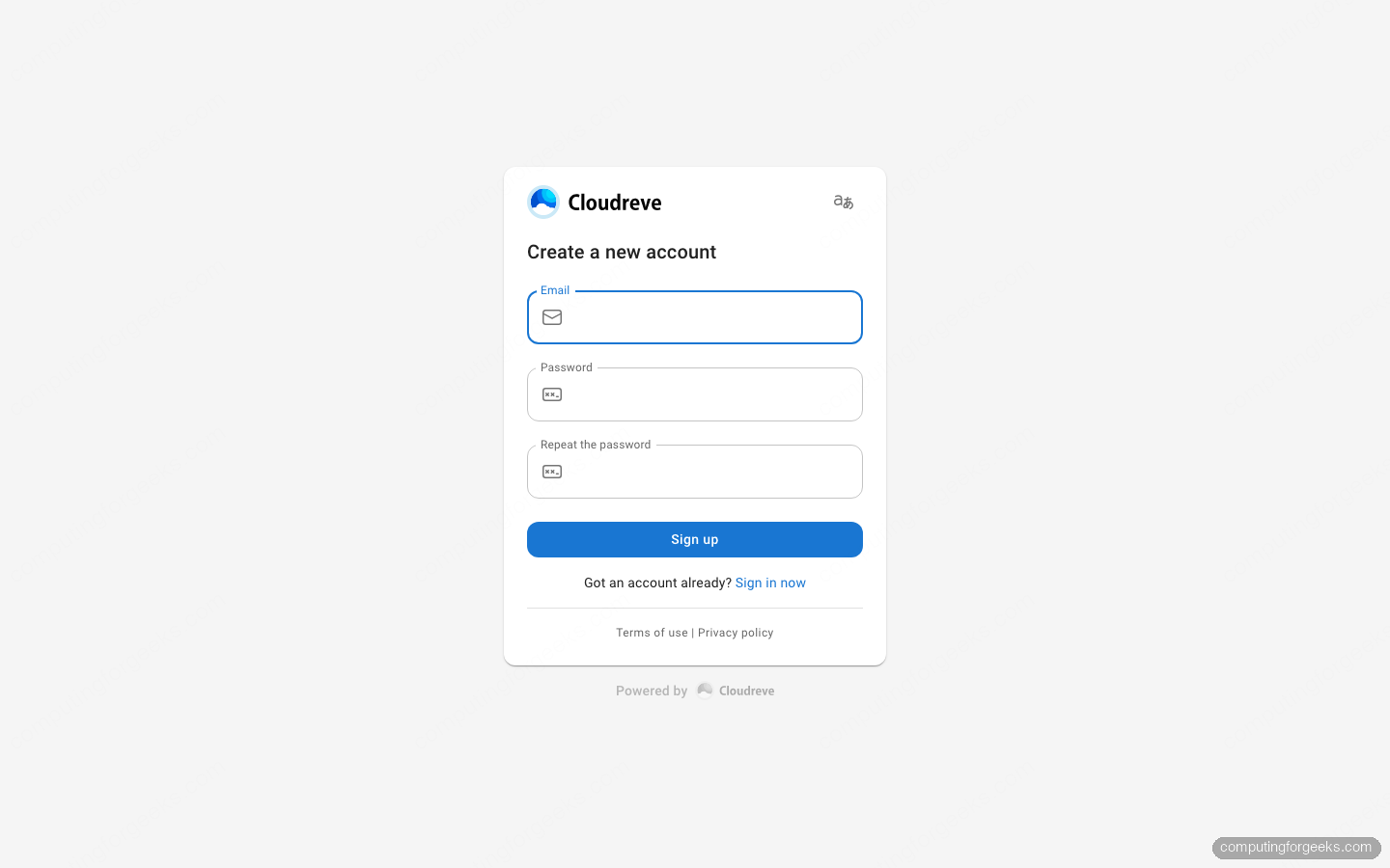 Cloudreve v4 sign up form on first launch, where the first registered account becomes the administrator