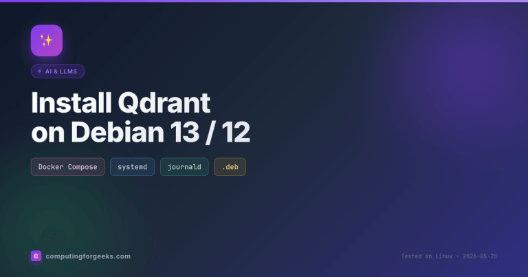 Install Qdrant on Debian 13 featured image showing Docker Compose systemd journald deb chips
