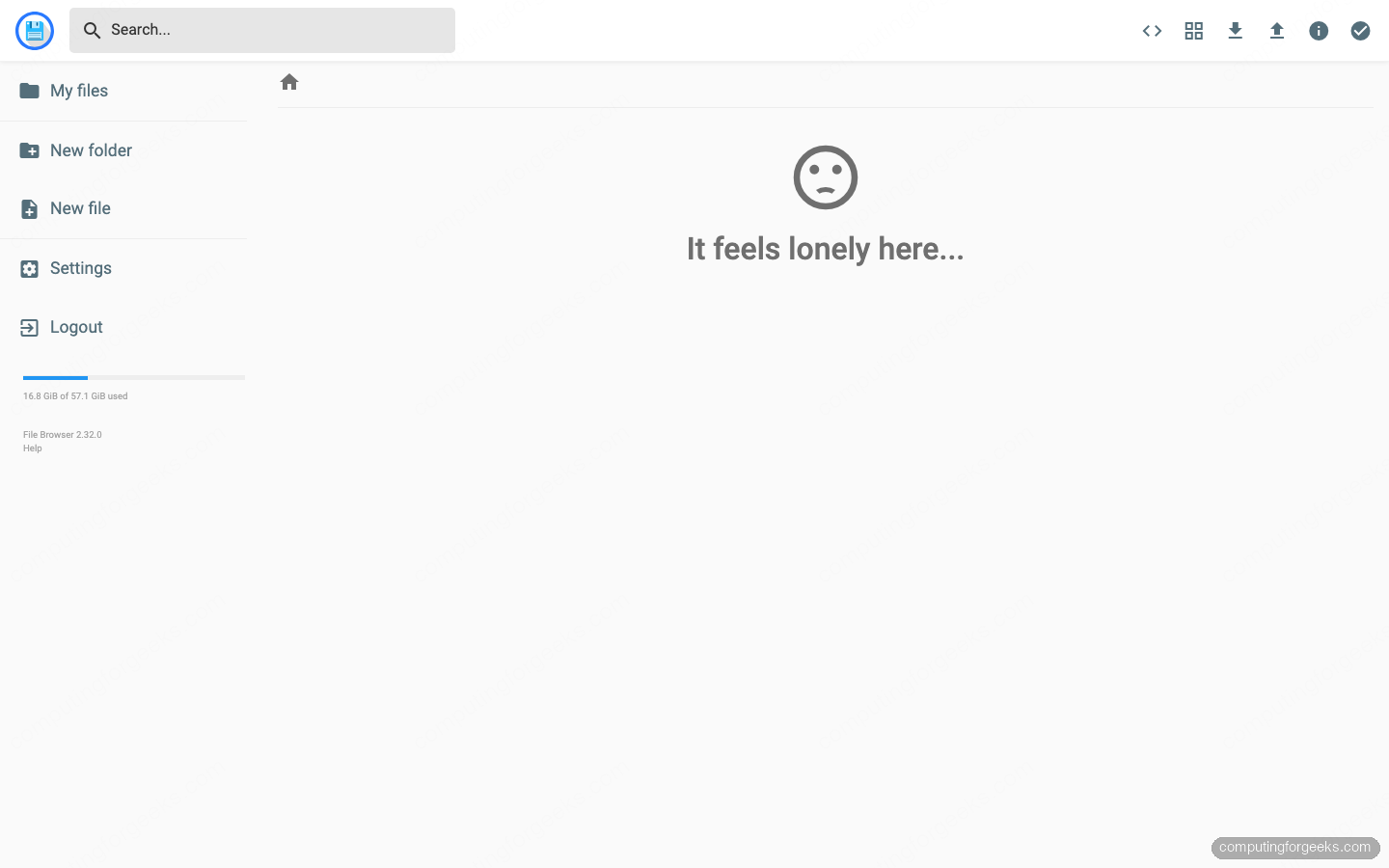 Cloudreve vs Nextcloud vs Seafile vs FileBrowser vs Immich (2026) 5 FileBrowser v2 main files page with My files, New folder, New file, Settings sidebar and storage usage indicator