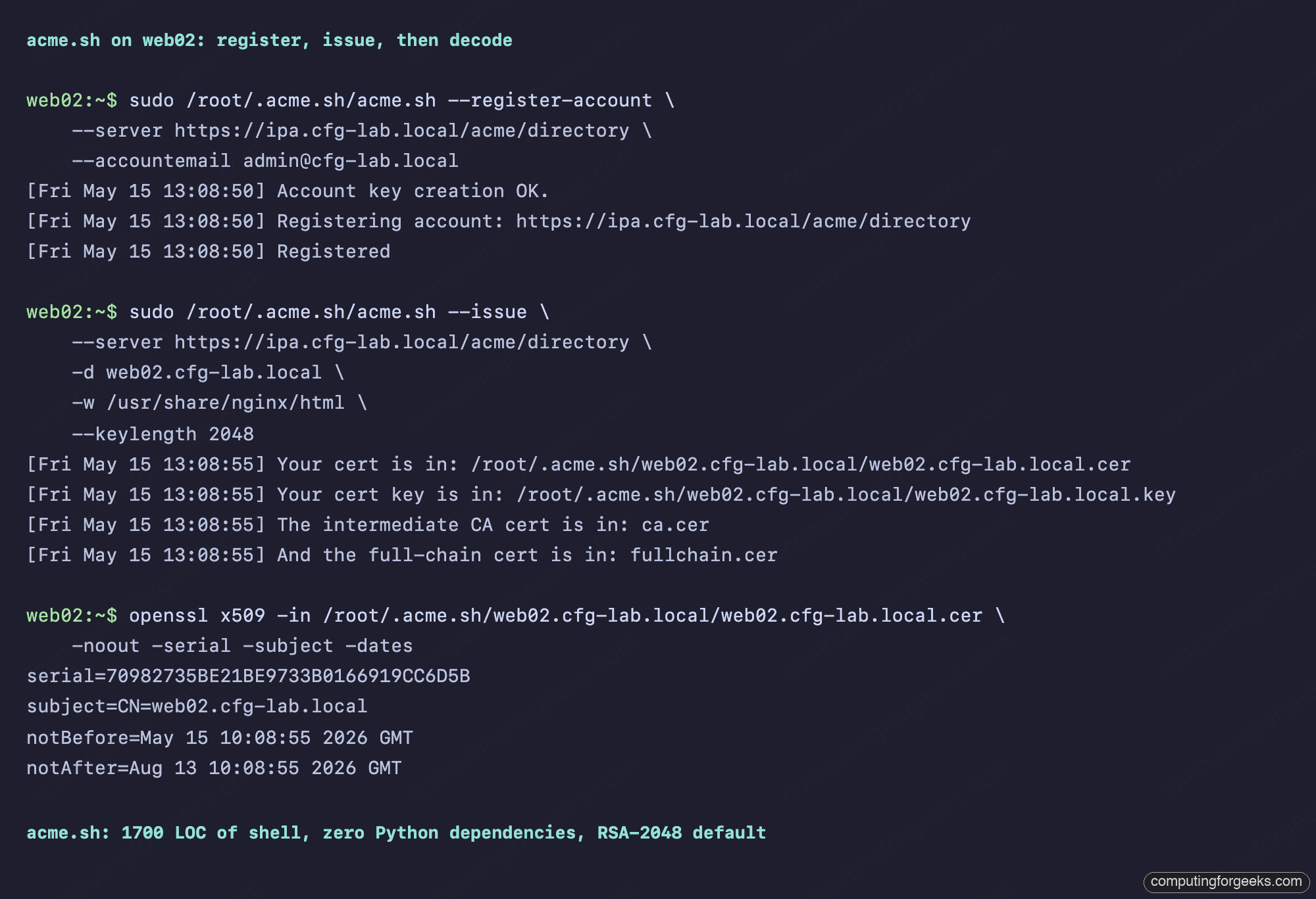 acme.sh register account and issue cert against FreeIPA ACME