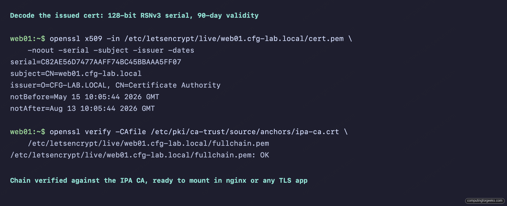 openssl decode of certbot-issued cert showing 128-bit serial and chain verify OK